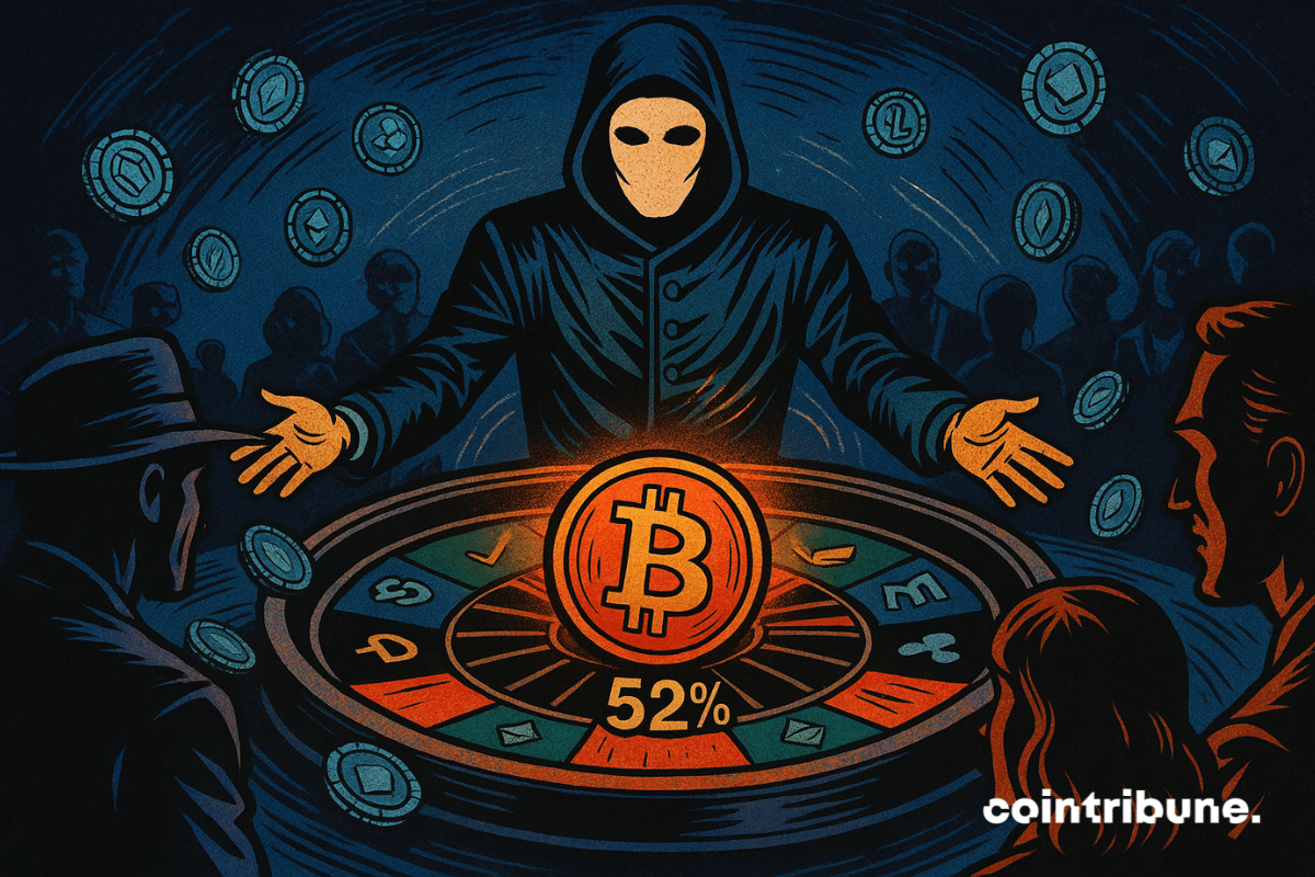 A masked croupier stands behind the roulette wheel, arms extended toward it as if just having released the ball. He watches a giant casino wheel, where the slots don’t bear numbers but cryptocurrency icons (Bitcoin, Ethereum, etc.). The pointer is frozen on the Bitcoin slot, with a red background and a prominent “52%” indicating Polymarket’s prediction.