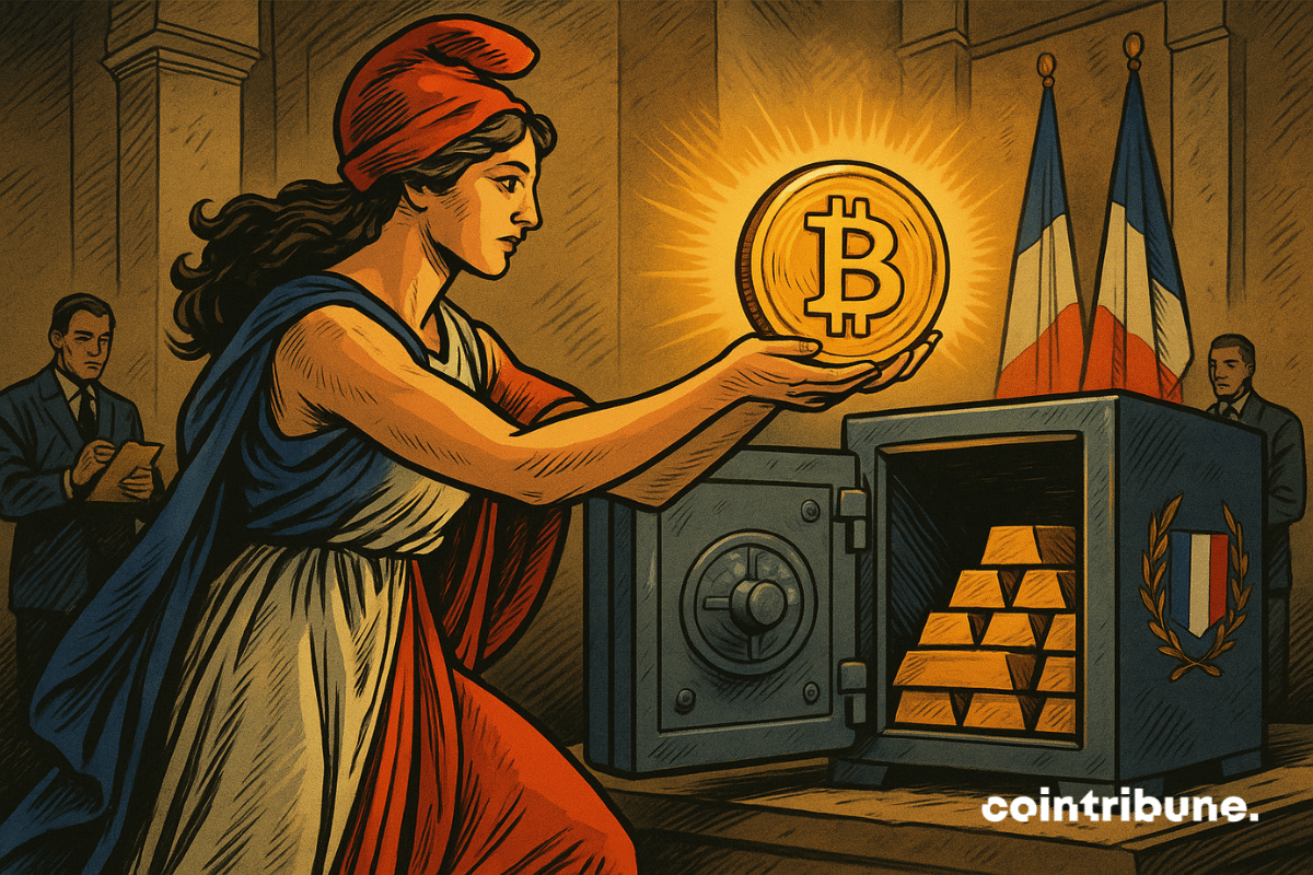 Marianne (femme allégorie de la République), sérieuse, en toge, tenant un Bitcoin doré dans les deux mains, qu’elle insère dans un coffre blindé à côté de lingots d’or. Le coffre est marqué d’un drapeau de la France.