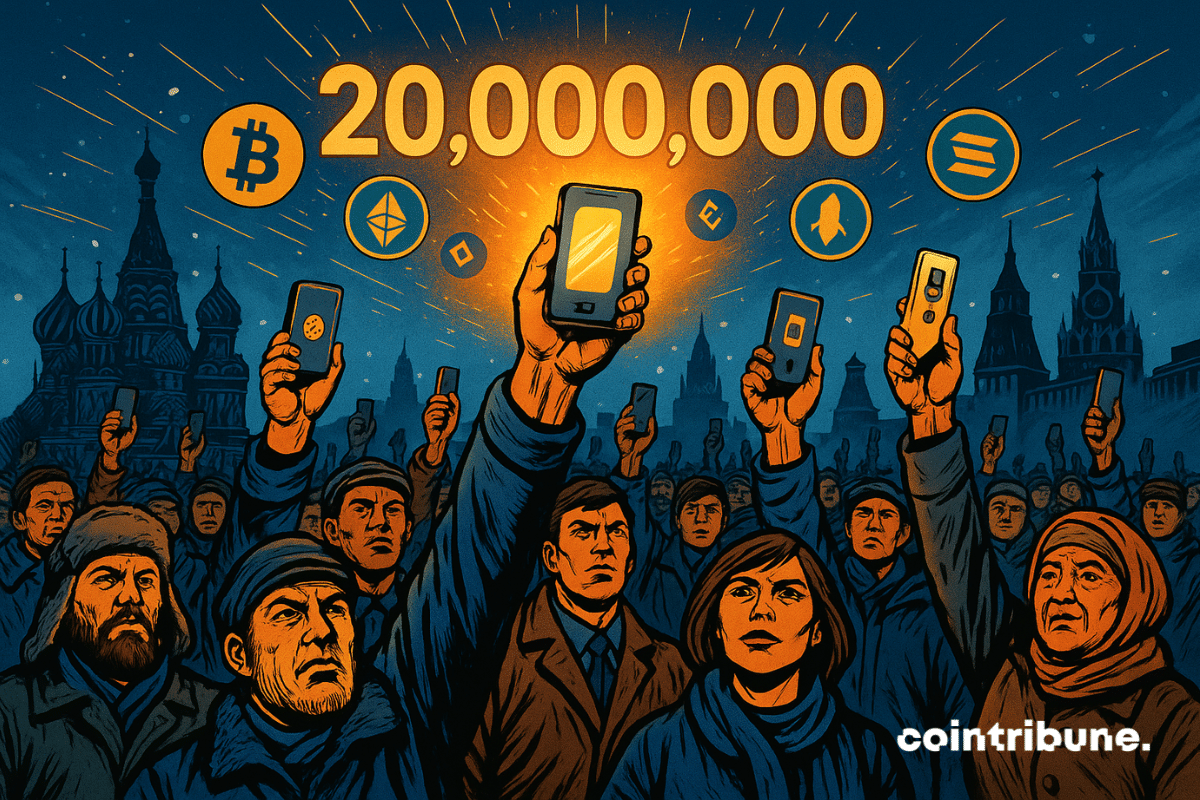Una multitud procedente de Rusia ondeando monederos digitales con Bitcoin y otros activos.