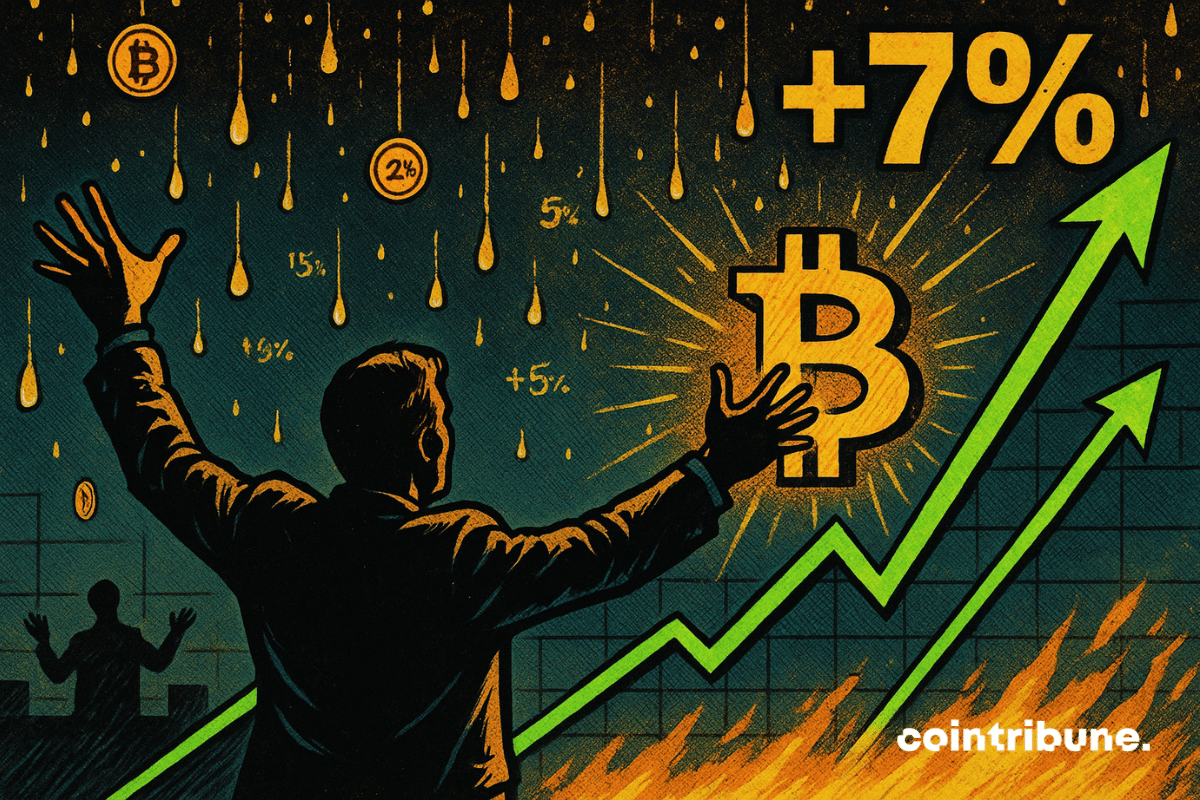 Un graphique financier est en forte pente ascendante vers la droite. Au sommet de la courbe, le chiffre « +7 % », énorme et doré, suspendu comme une cible atteinte. Au-dessus, une pluie de particules dorées (petites pièces de Bitcoin) descend en cascade.