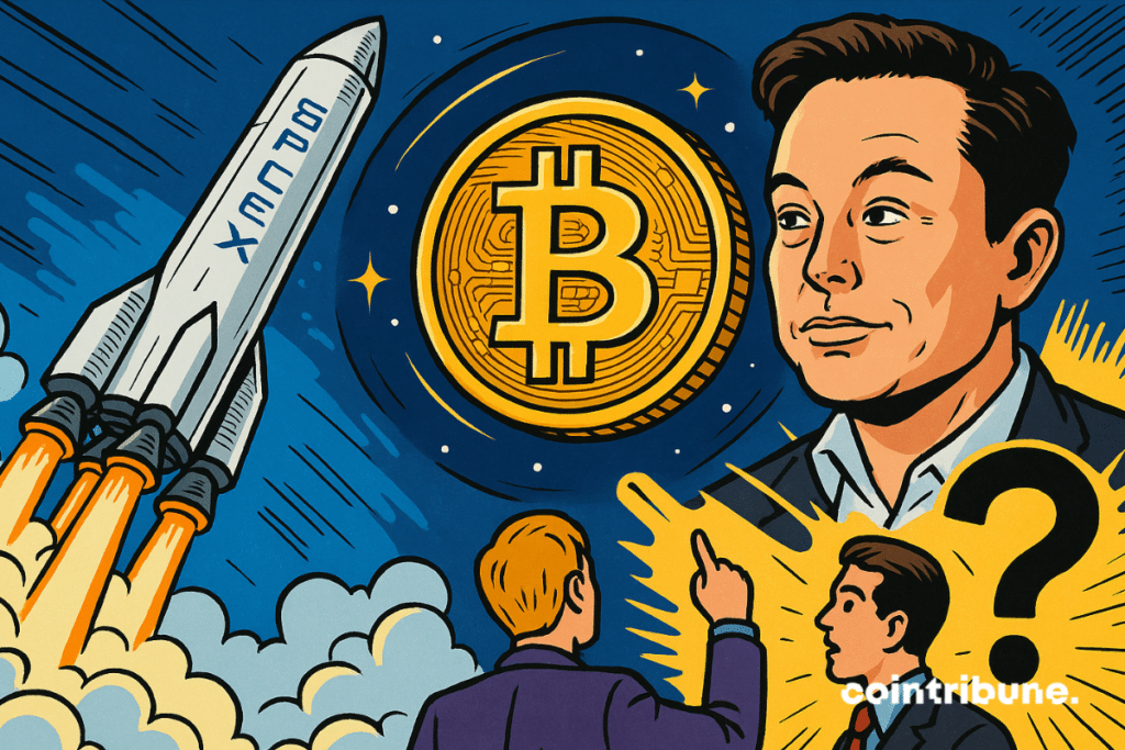 Elon Musk watches as SpaceX rocket launches beside a glowing Bitcoin in a comic scene.