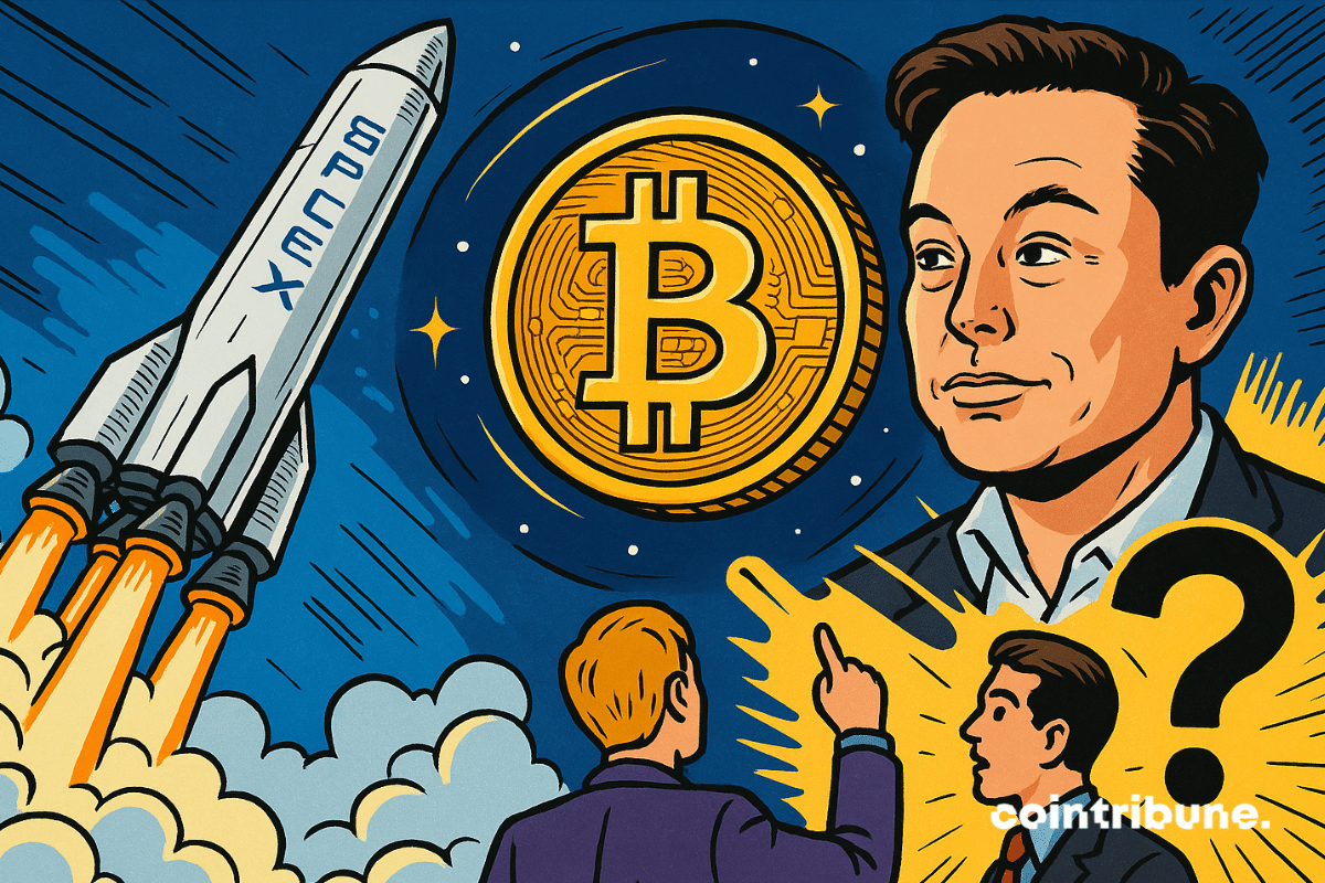 Elon Musk regarde le lancement d'une fusée SpaceX à côté d'un Bitcoin brillant dans une scène comique.