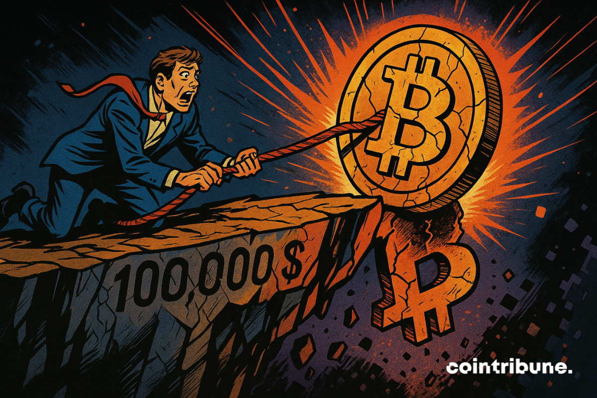 Un logo Bitcoin géant, doré et fissuré, est en train de glisser lentement vers le vide, déjà partiellement déséquilibré. Une corde rouge le retient encore, mais elle est visiblement en train de céder, tendue à l’extrême. À gauche, un trader est agenouillé sur le rebord, cramponné à la corde.