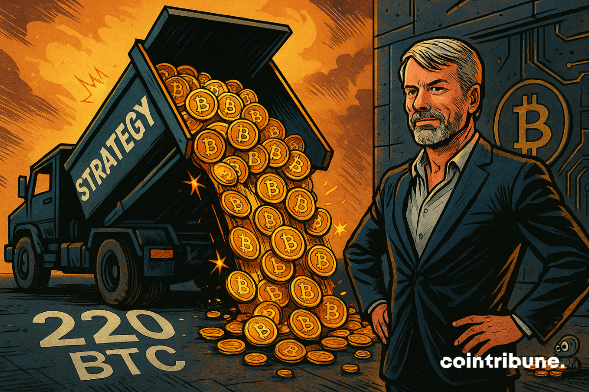 Un camion blindé noir, estampillé « STRATEGY », déverse un torrent de jetons Bitcoin dans un dépôt sécurisé numérique en présence de Michael Saylor.