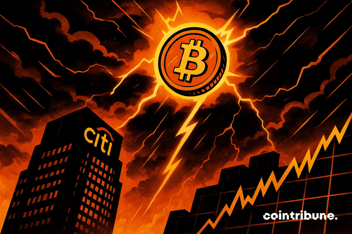A glowing Bitcoin rises in a stormy sky over the Citi building, struck by orange lightning with a volatile market chart below.