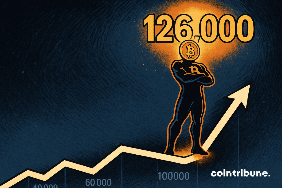 Bitcoin, like a superhero, is slowly climbing a graph toward a 6,000 platform.
