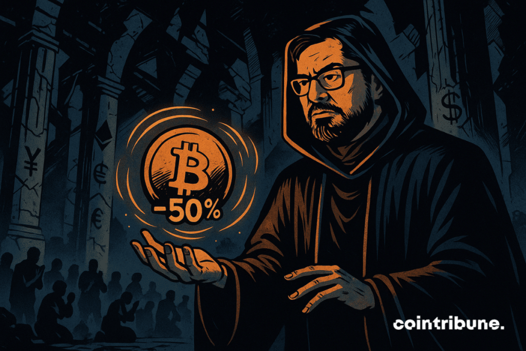 Tom Lee holds a prediction sphere levitating above his hand. The glowing orb floats and contains the Bitcoin symbol surrounded by the figure “-50%.” Small sparks or energy currents swirl around the sphere.