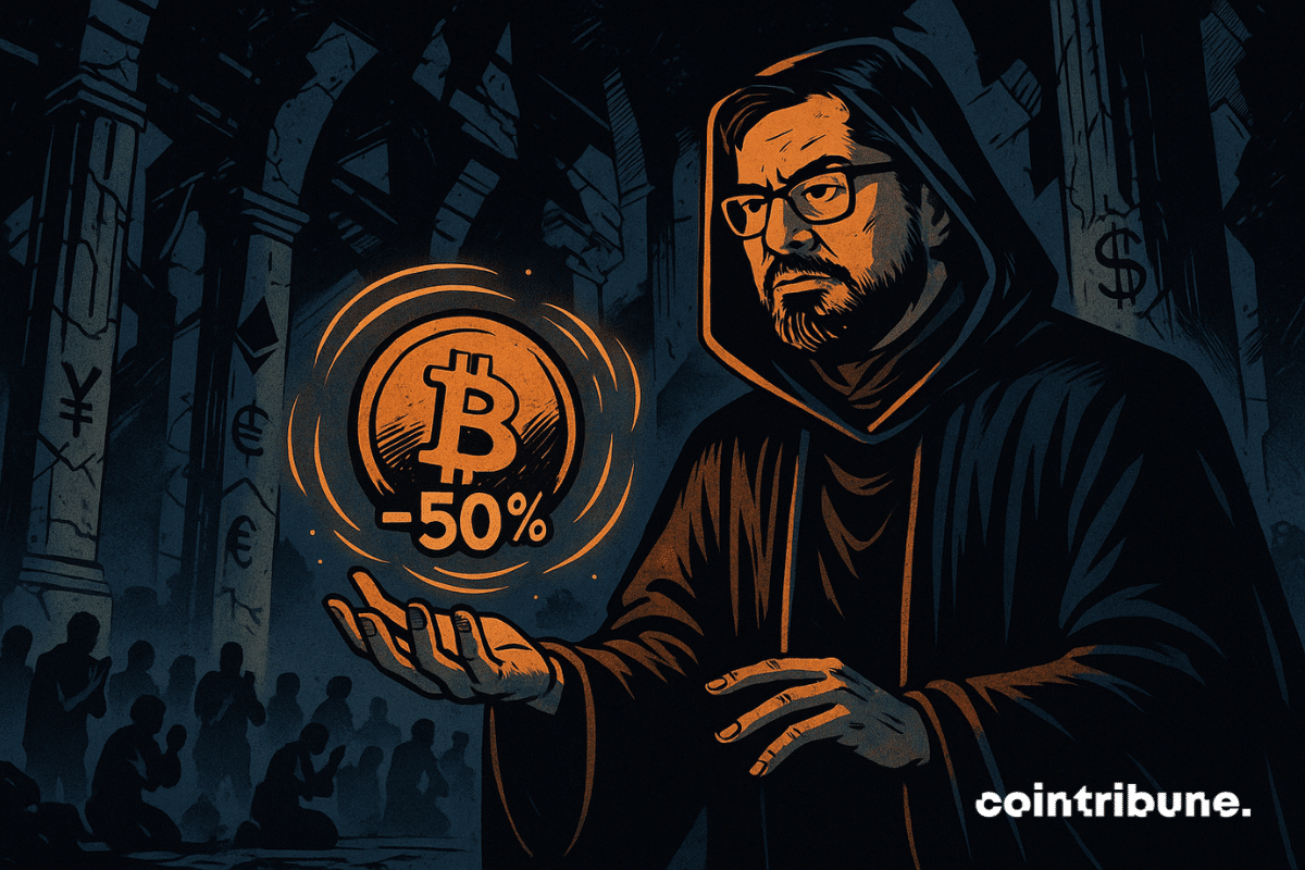 Tom Lee sostiene una esfera de predicción que levita sobre su mano. La esfera luminosa flota y contiene el símbolo de Bitcoin rodeado por la cifra «-50%». Pequeños destellos o flujos de energía giran alrededor de la esfera.