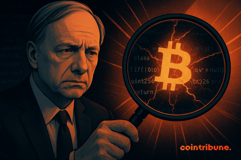 Ray Dalio examines cracked Bitcoin code through a magnifying glass, the glowing orange ₿ symbol illuminating his serious face against a dark background.