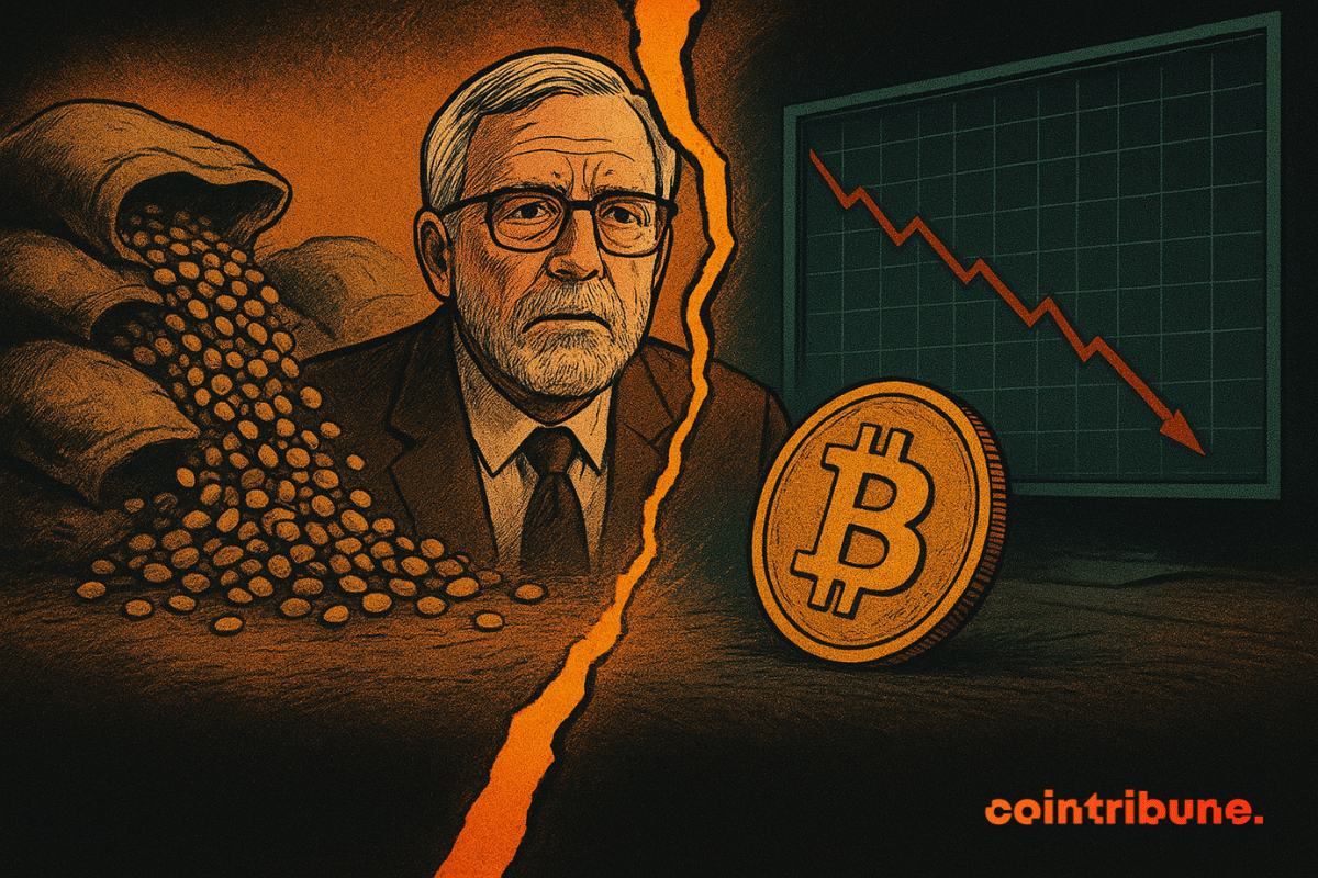 A vintage comic-style illustration shows Peter Brandt between falling soybeans and a plunging Bitcoin chart divided by a bright orange crack.