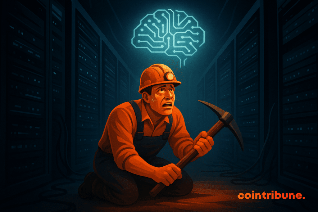 Um minerador de Bitcoin preocupado se ajoelha em um centro de dados escuro, segurando uma picareta enquanto um cérebro digital brilhante brilha acima de fileiras de servidores.