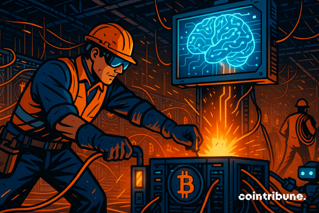 Minerador de Bitcoin alimenta sistema de IA com configuração energética avançada em instalações de alta tecnologia.