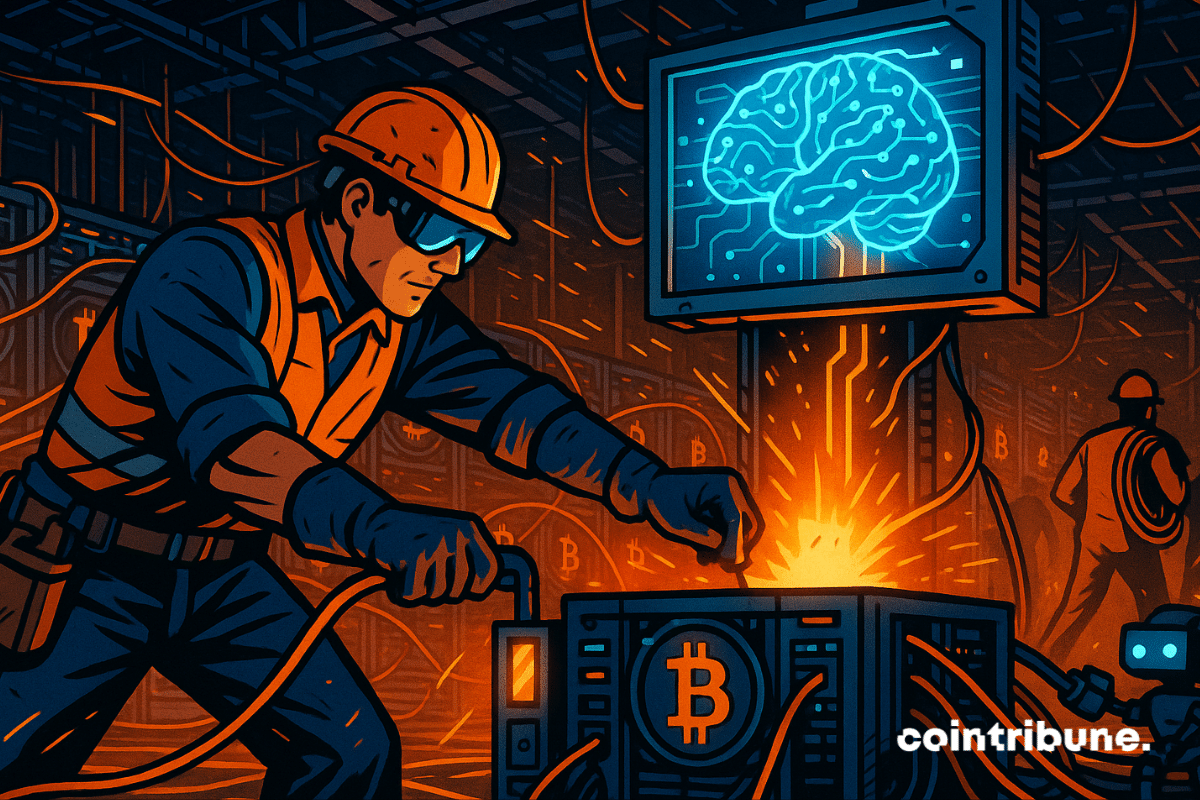 Un mineur de bitcoins alimente un système d'IA grâce à une configuration énergétique avancée dans une installation de haute technologie.