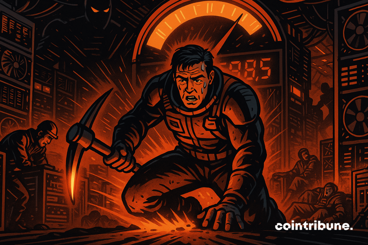 A tired Bitcoin miner kneels with a glowing pickaxe, surrounded by servers and rising hashrate pressure.