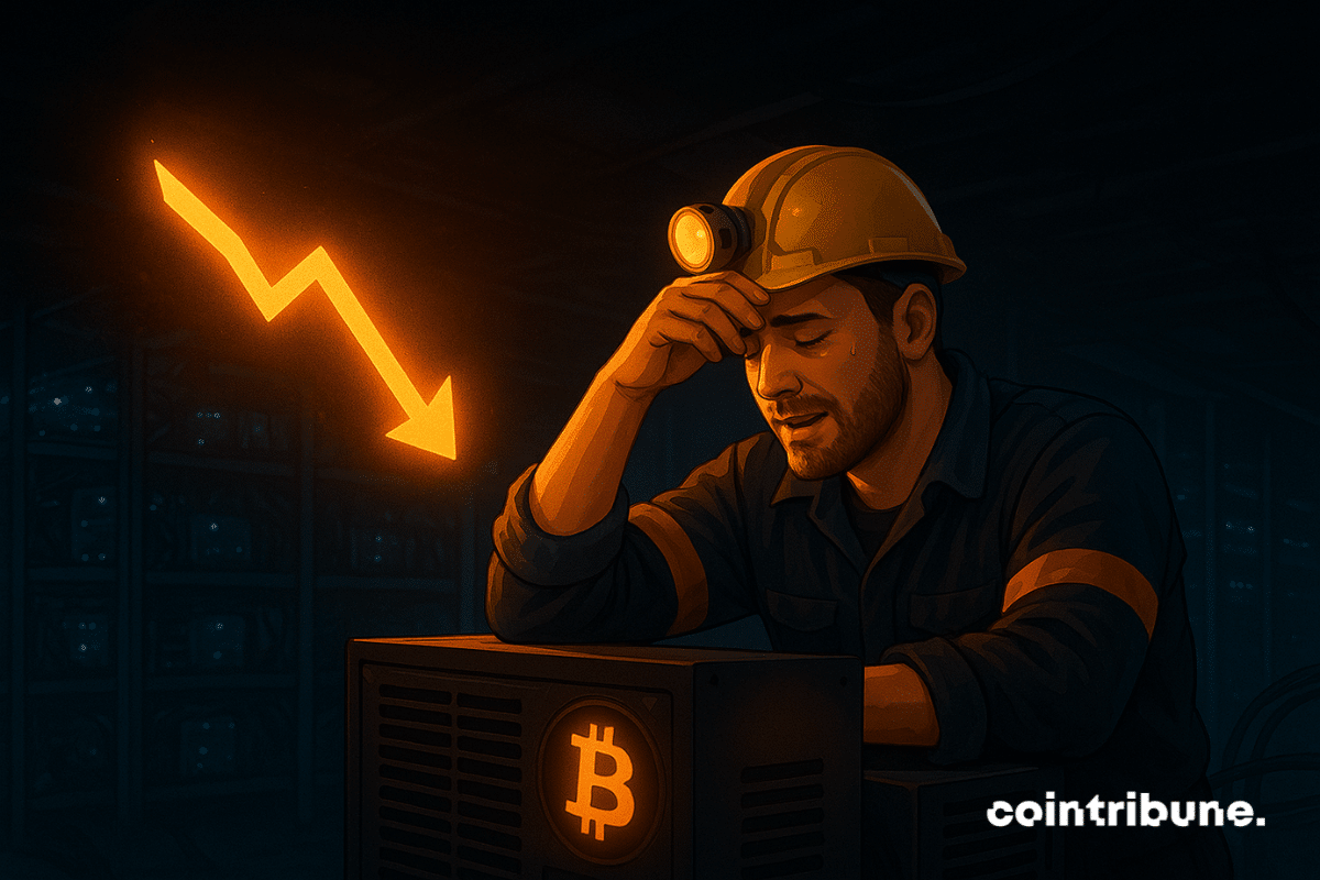 A tired Bitcoin miner wipes sweat from his forehead beside glowing orange mining equipment, while an illuminated downward arrow hovers above, symbolizing reduced mining difficulty.