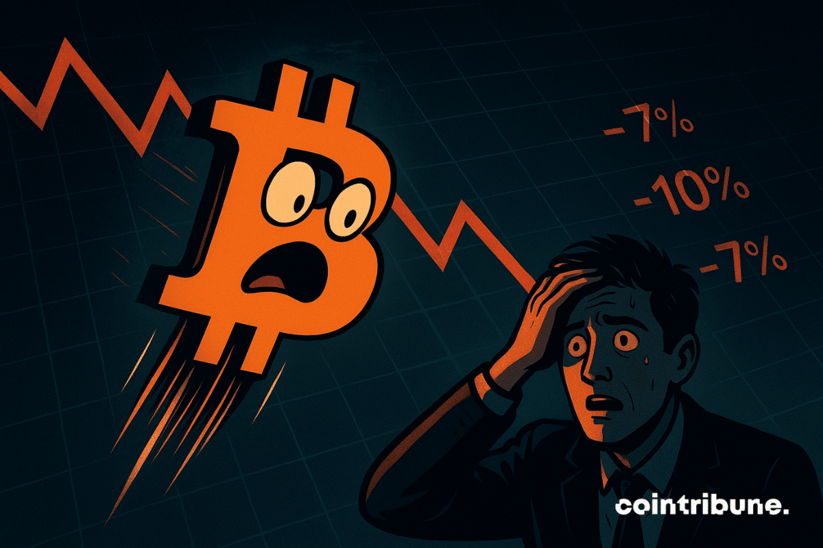 Une illustration en style comics des années 70 représentant la chute brutale du Bitcoin : le symbole ₿, personnifié et paniqué, plonge dans un graphique rouge en forte baisse, tandis qu’un investisseur stupéfait se tient la tête, submergé par l’incompréhension face à la volatilité du marché. Palette dominée par l’orange, le noir et le bleu, créant une tension visuelle forte.