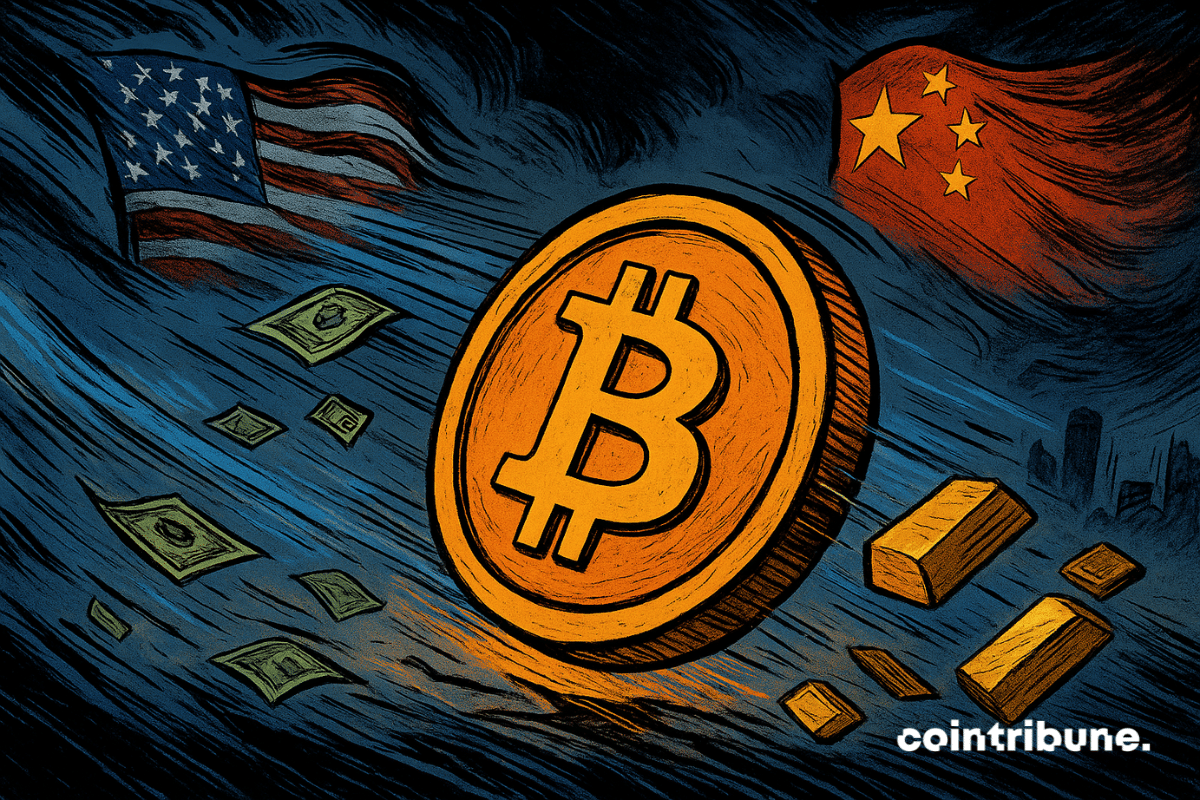 A glowing orange Bitcoin coin resists strong blue winds carrying dollar bills and gold bars between the stormy U.S. and Chinese flags.