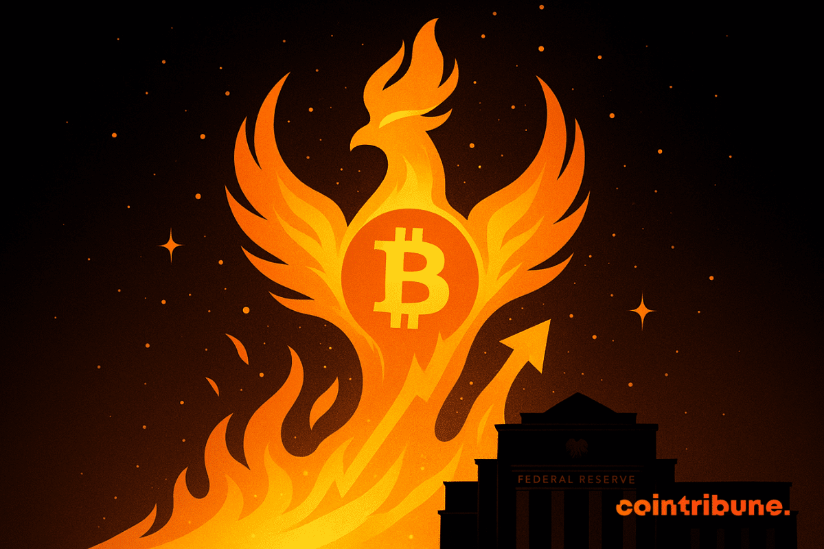 A glowing Bitcoin-shaped phoenix rises from orange flames against a dark sky, with the silhouette of the U.S. Federal Reserve building below.