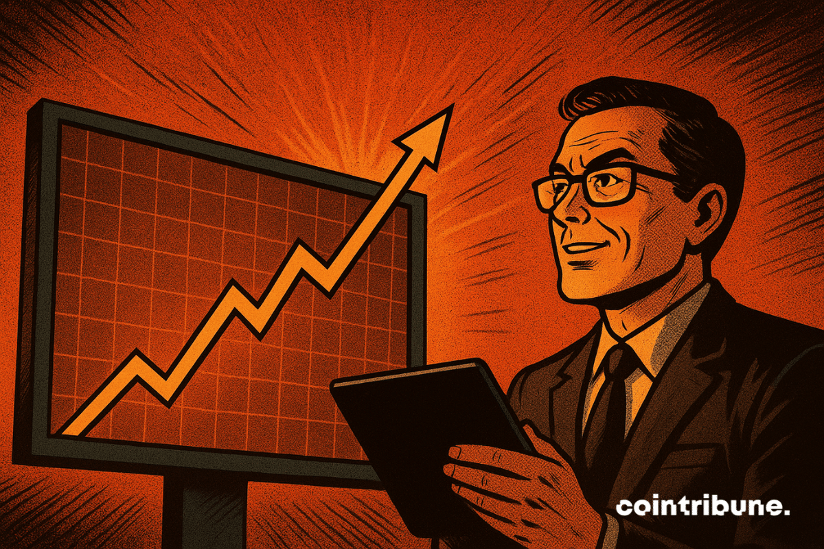 A confident analyst studies a rising Bitcoin chart glowing in orange light against a bold comic-style background.