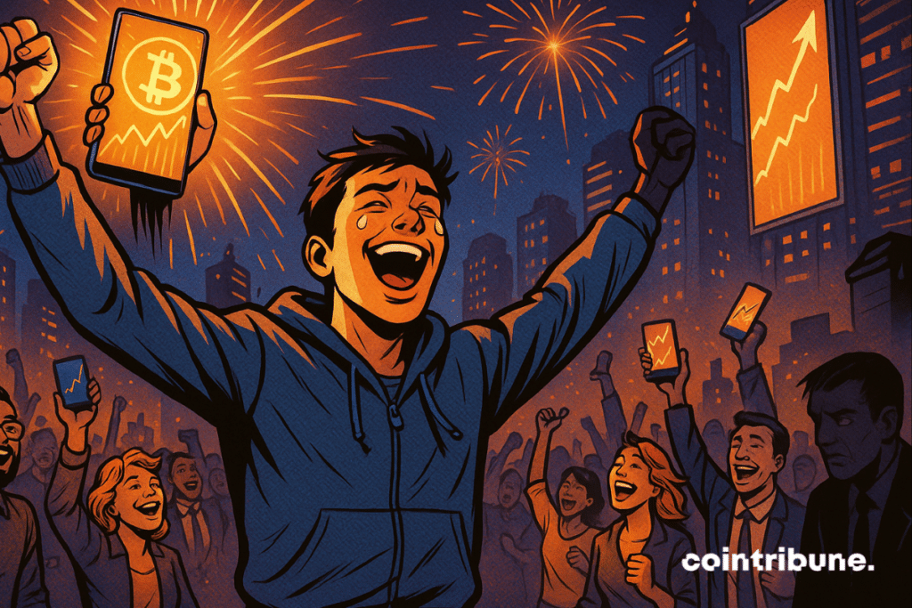 La foule applaudit un homme qui brandit son téléphone pour montrer ses gains en bitcoins au milieu des feux d'artifice dans la ville.