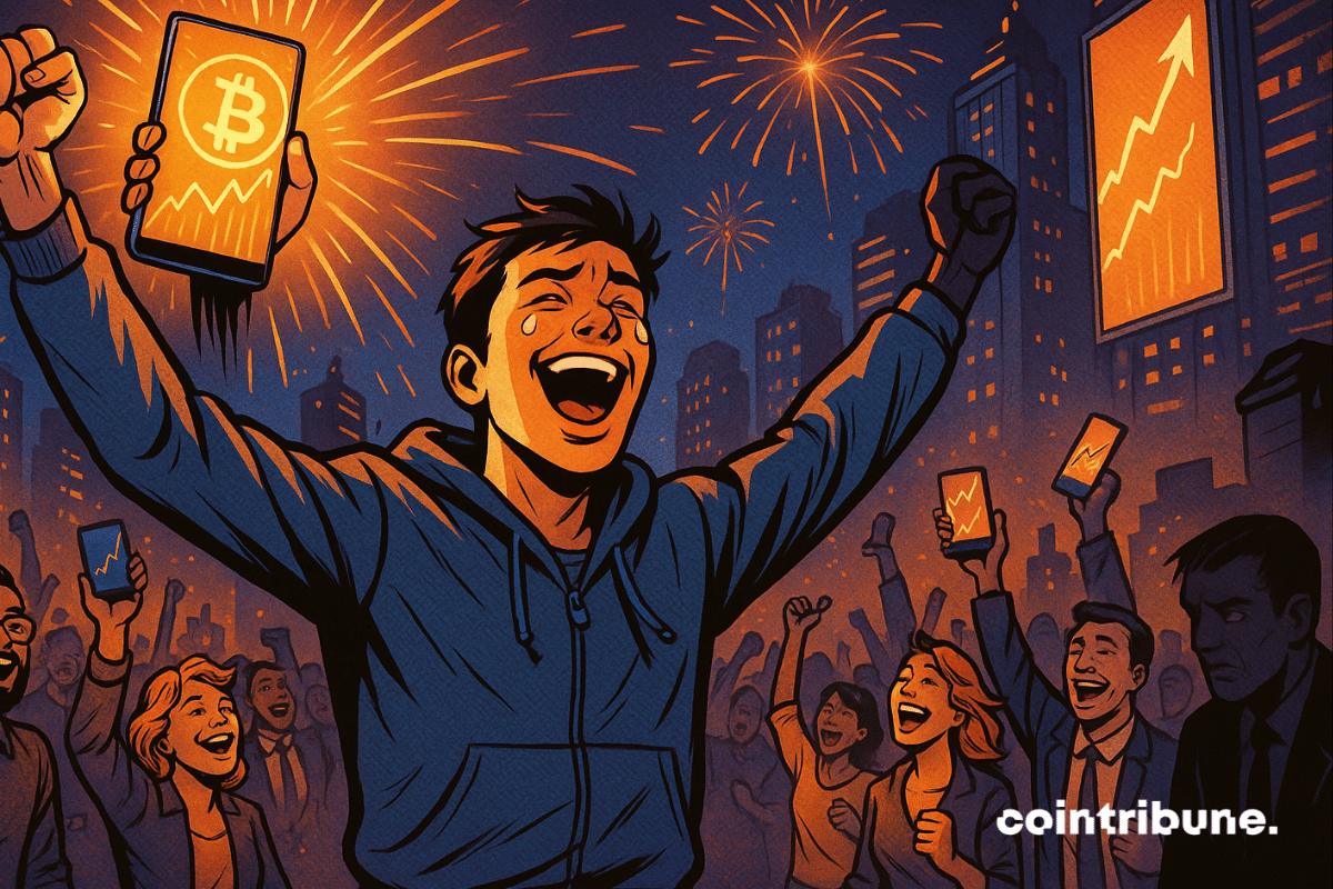 La foule applaudit un homme qui brandit son téléphone pour montrer ses gains en bitcoins au milieu des feux d'artifice dans la ville.
