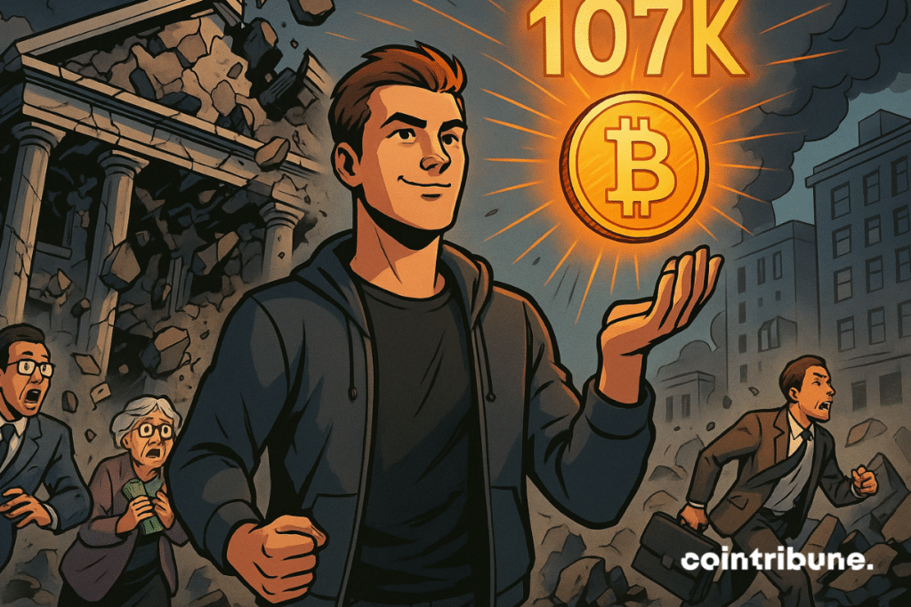 Bitcoin rises to 7K as chaos hits traditional banks—fear and triumph collide in one frame.