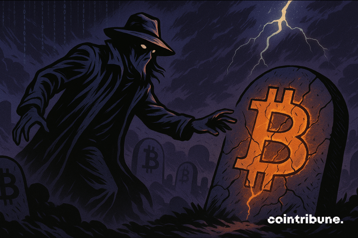A mysterious figure in a graveyard reaches toward a glowing Bitcoin tombstone amid lightning.