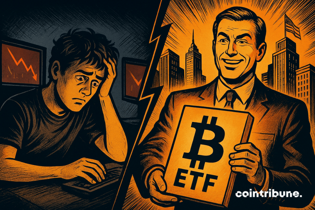 A comic-style split image showing a worried crypto trader on the left and a smiling banker holding a glowing Bitcoin ETF document on the right.