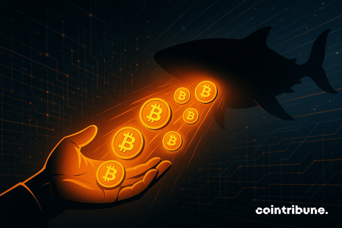 A glowing orange hand releases Bitcoin coins that stream toward the dark silhouette of a whale, set against a digital blue-and-black background.