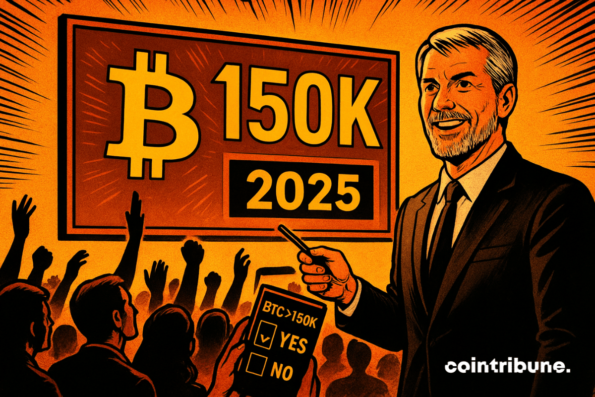 Una ilustración de estilo cómic en la que Michael Saylor sonríe ante un luminoso panel de Bitcoin que muestra «150 000» y «2025», con una multitud que lo vitorea y sostiene teléfonos en los que se muestra una encuesta alcista.