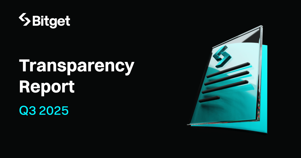 Un informe estilizado en 3D con el logotipo de Bitget aparece sobre un fondo negro, acompañado del texto “Transparency Report Q3 2025”.
