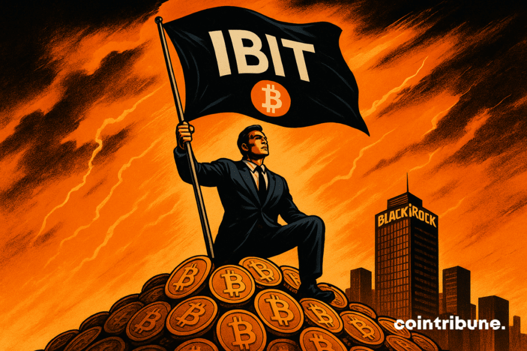 A heroic businessman in a dark suit raises a black flag marked “IBIT” atop a mountain of golden Bitcoins under a vivid orange sky, with a BlackRock skyscraper glowing in the background.