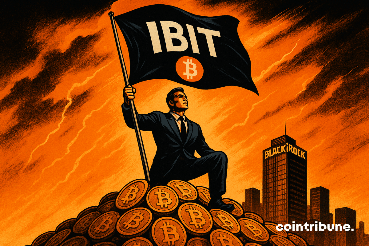 Un homme d'affaires héroïque vêtu d'un costume sombre brandit un drapeau noir portant l'inscription « IBIT » au sommet d'une montagne de bitcoins dorés, sous un ciel orange vif, avec en arrière-plan le gratte-ciel BlackRock qui brille de mille feux.