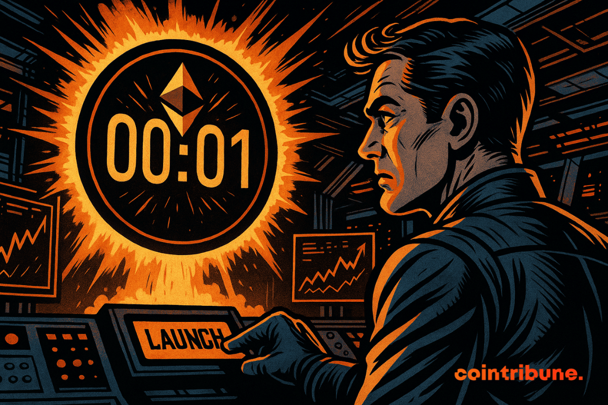 A focused man watches a glowing countdown timer with the Ethereum logo, ready to trigger an imminent explosion.
