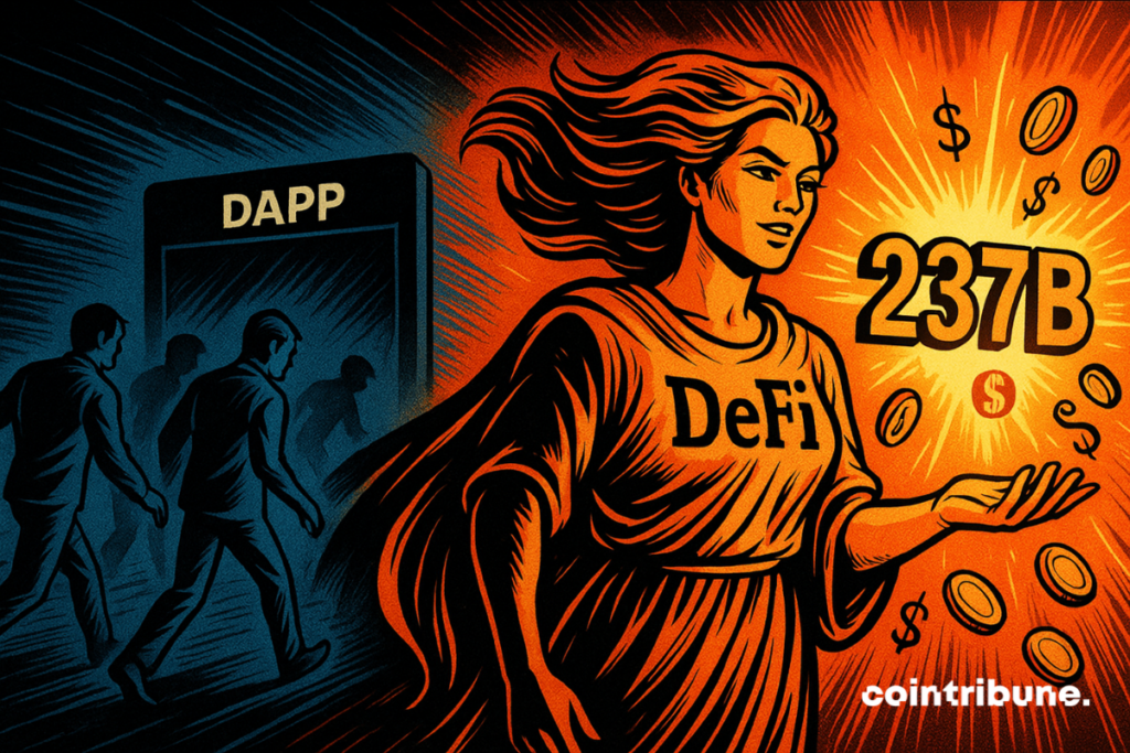 A luminous figure symbolizing DeFi attracts capital, while users turn away from dark DApp screens.