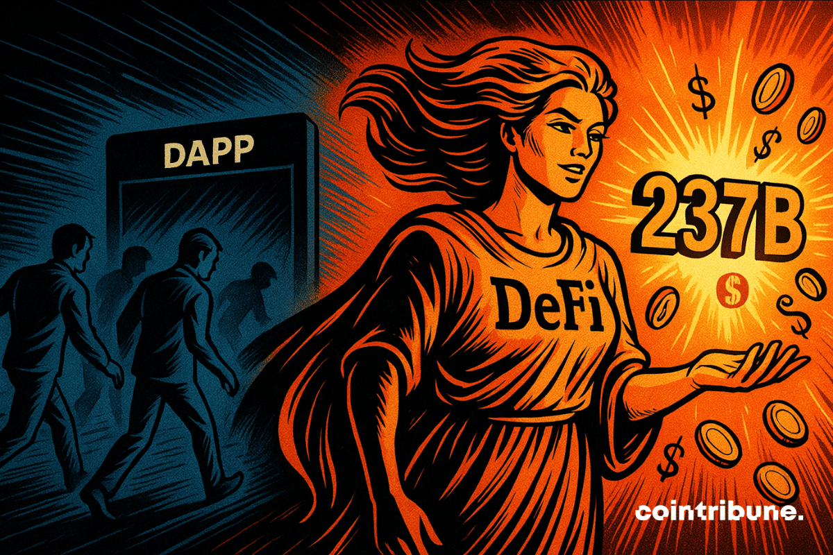 A luminous figure symbolizing DeFi attracts capital, while users turn away from dark DApp screens.
