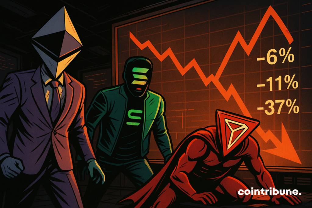 Trois héros symbolisant Ethereum, Solana et Tron observent une chute dramatique des revenus, devant un graphique rouge descendant.