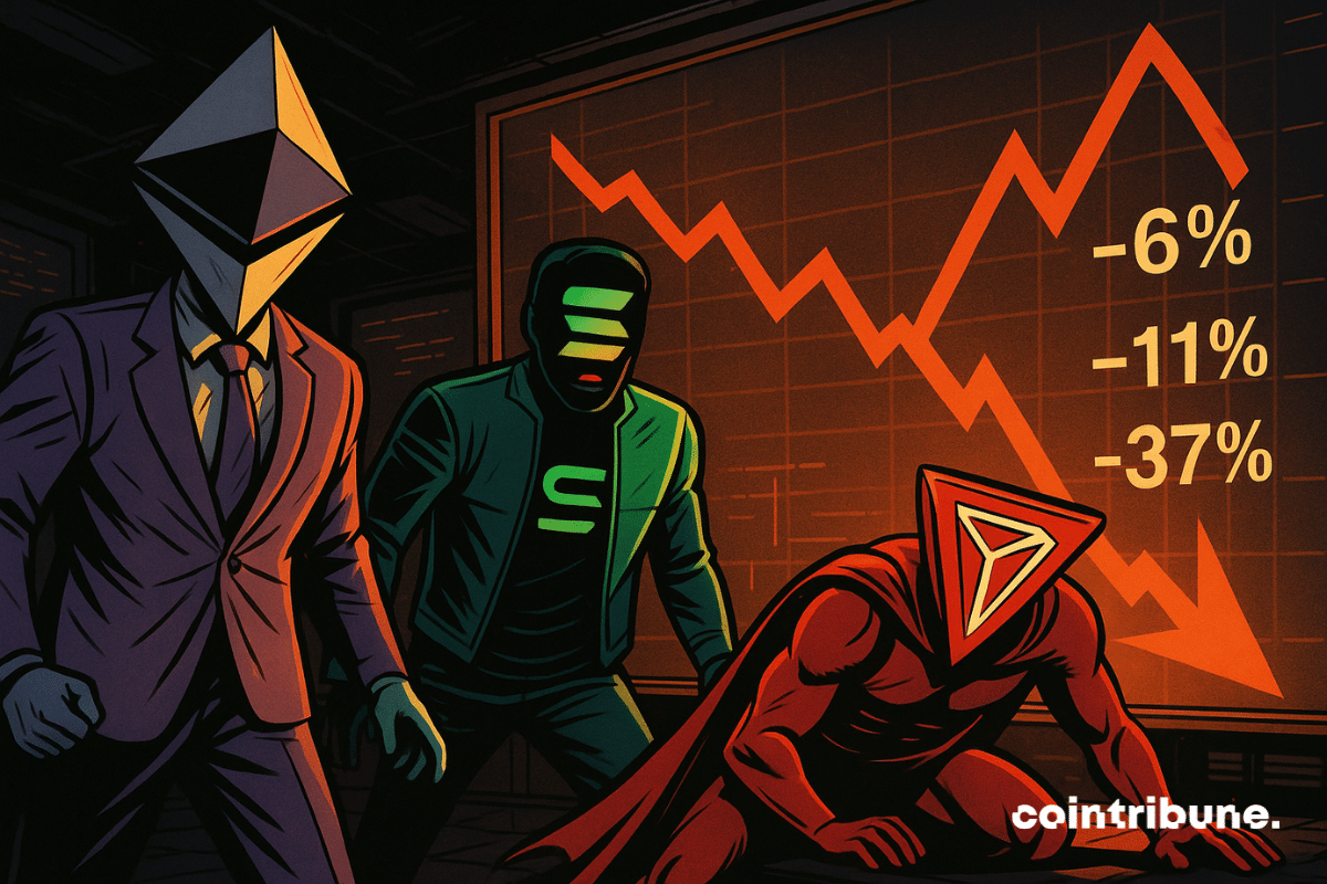 Trois héros symbolisant Ethereum, Solana et Tron observent une chute dramatique des revenus, devant un graphique rouge descendant.