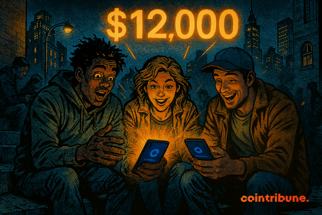 Trois jeunes émerveillés à New York, assis sur des marches, leurs téléphones Coinbase illuminés affichant «  000 » en lueur orange.