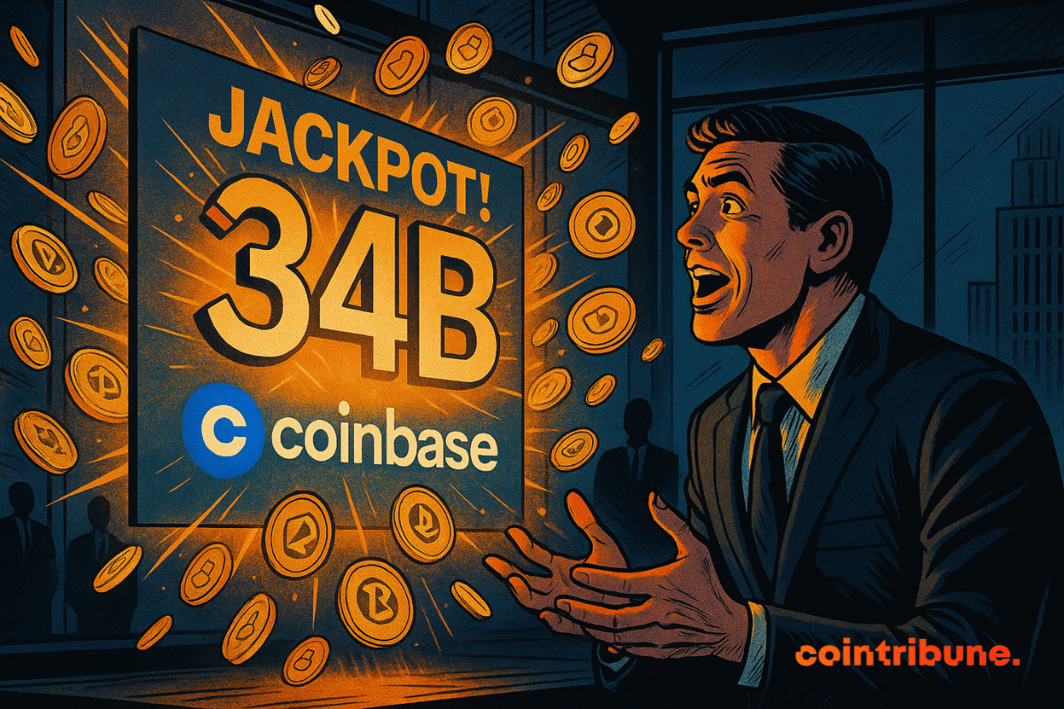 Un homme en costume, ébahi, contemple un écran lumineux affichant “34B” et le logo Coinbase, entouré de jetons dorés.
