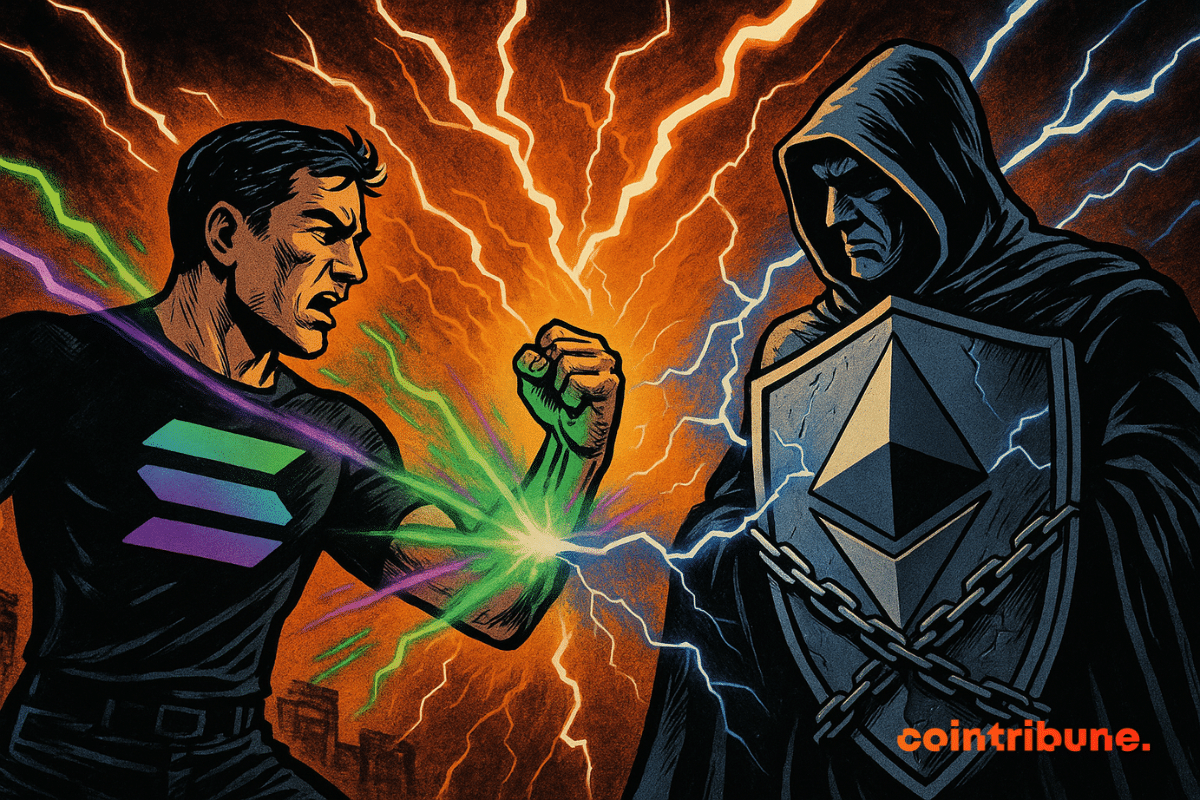 Deux figures s’affrontent, Solana énergique contre Ethereum sombre, éclairs orange et verts jaillissant dans un duel technologique intense.