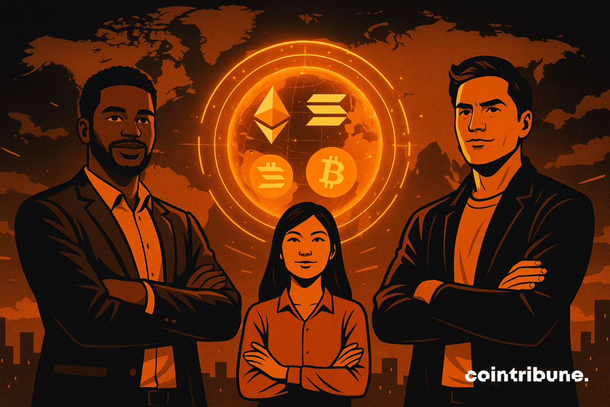 Three confident investors standing in front of a glowing globe displaying the logos of Ethereum, Solana, Bitcoin, and XRP, with an energetic orange atmosphere.