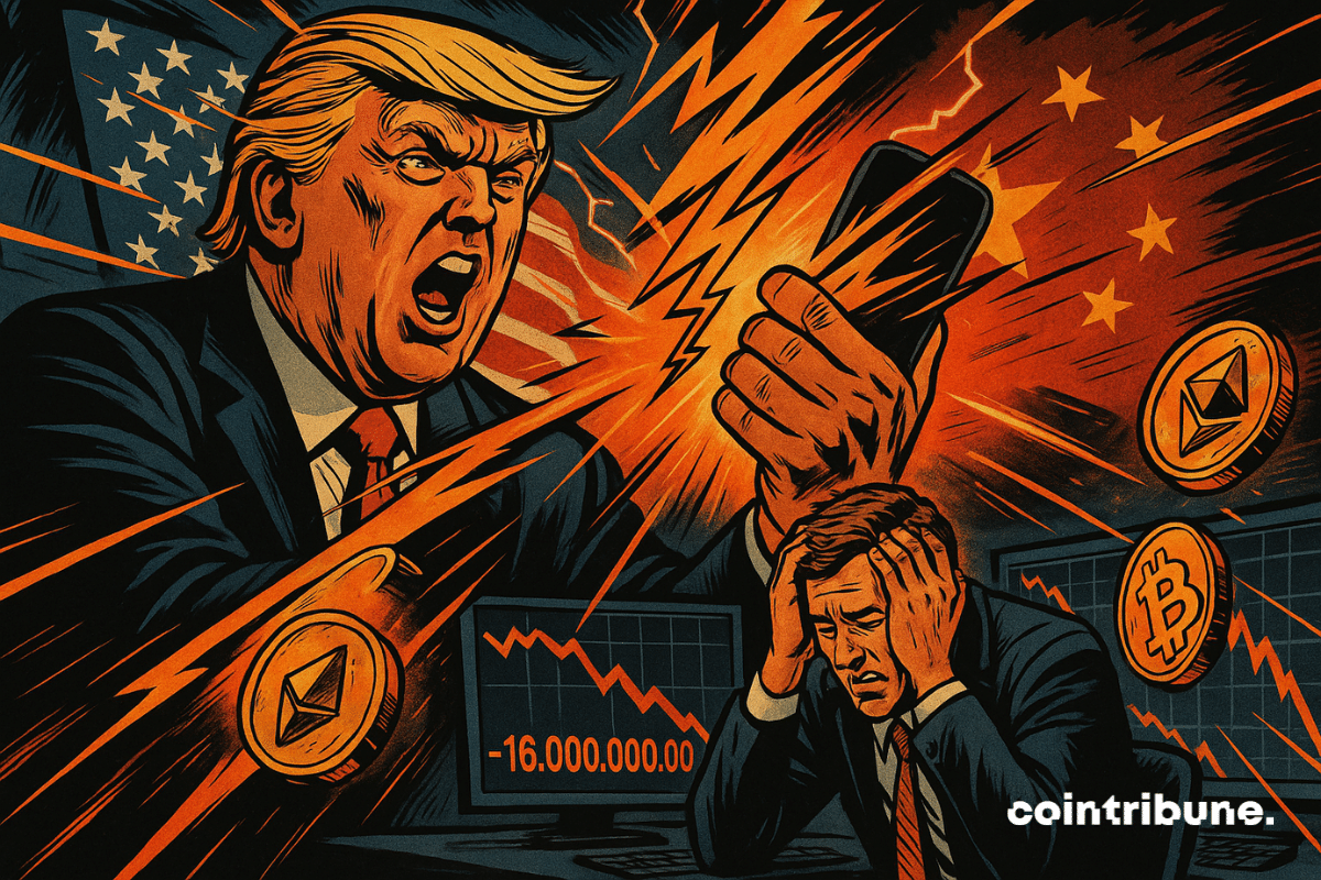 Trump furieux brandit son téléphone, déclenchant une onde de choc orange qui fait paniquer un trader devant la chute du Bitcoin.