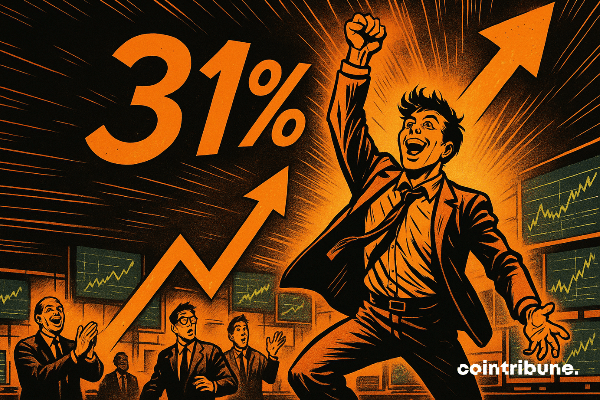 Un trader euphorique lève le poing alors qu’un graphique orange bondit de 31 %, symbolisant un marché en plein essor.
