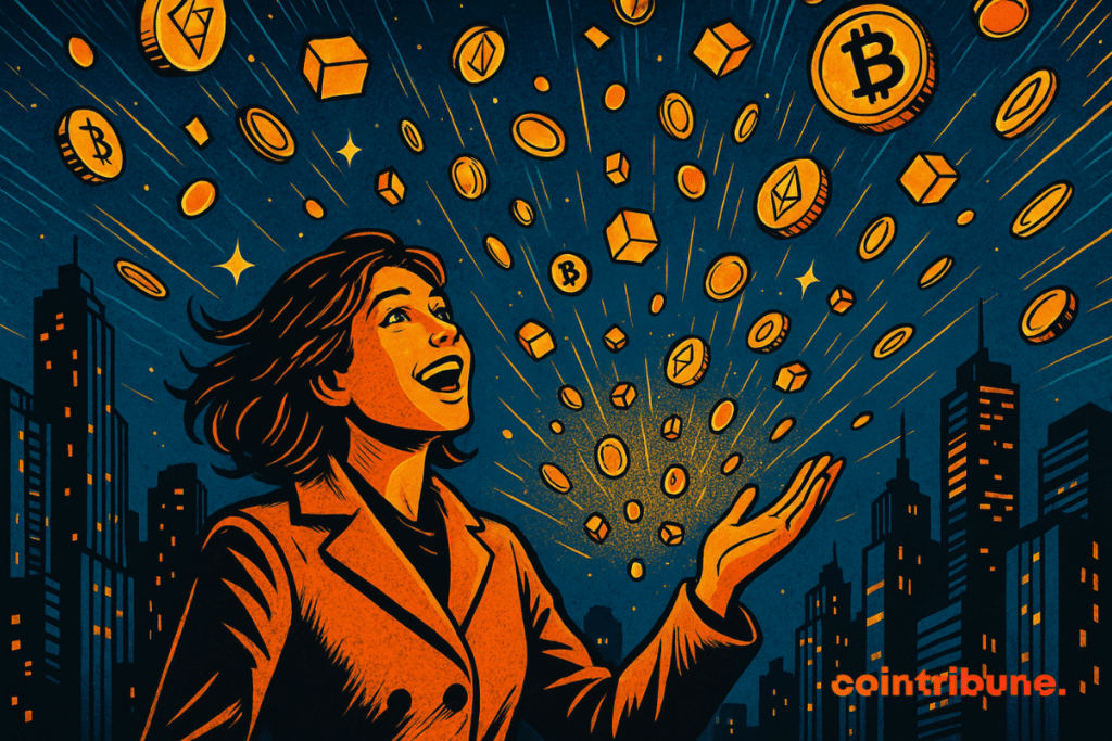 Una mujer asombrada contempla una lluvia de cripto símbolos dorados cayendo sobre una ciudad futurista bañada en luz naranja.