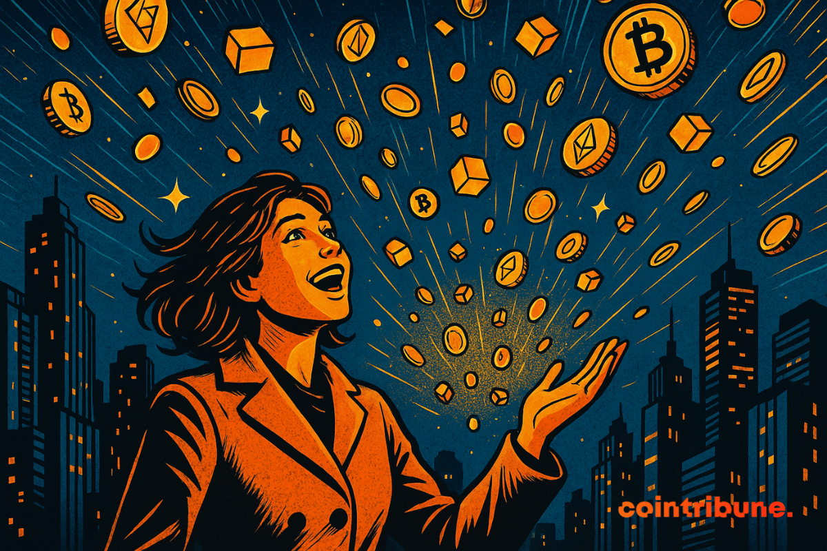 Une femme émerveillée contemple une pluie de symboles crypto dorés tombant sur une ville futuriste baignée de lumière orange.