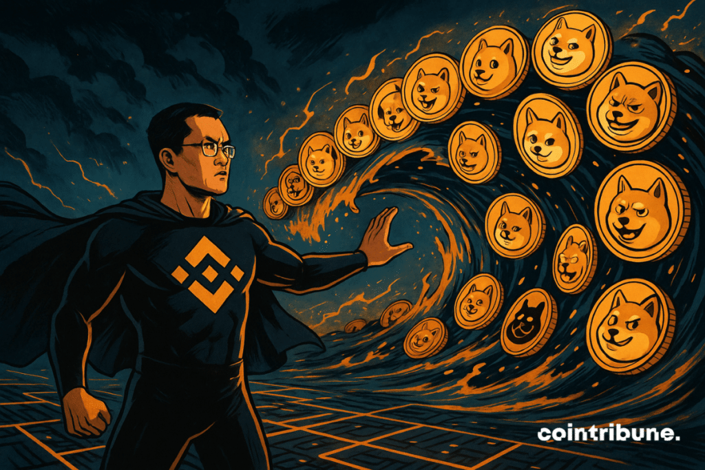CZ, un héroe decidido, se enfrenta a una oleada de amenazadoras memecoins doradas, iluminadas por destellos naranjas en un ambiente dramático.