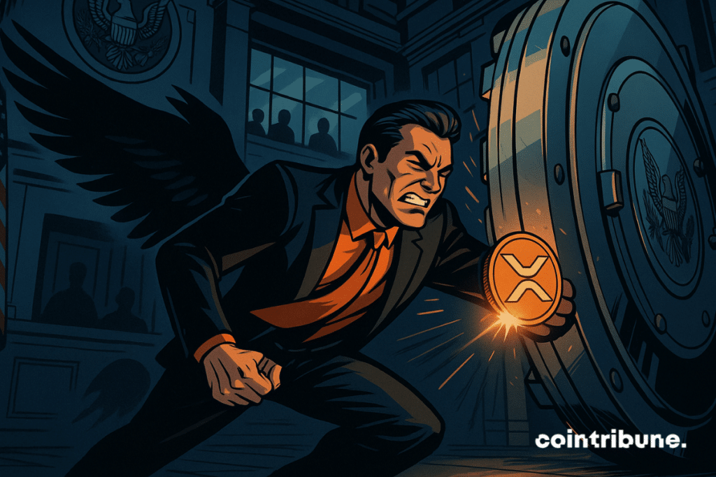 Businessman forces open SEC vault with glowing XRP coin, shadows watch from behind.