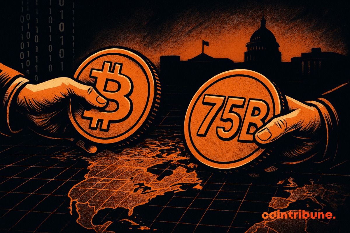 Two hands exchange glowing orange crypto coins, one marked with the Bitcoin symbol and the other with “75B,” over a digital world map under a shadowy skyline of government buildings.