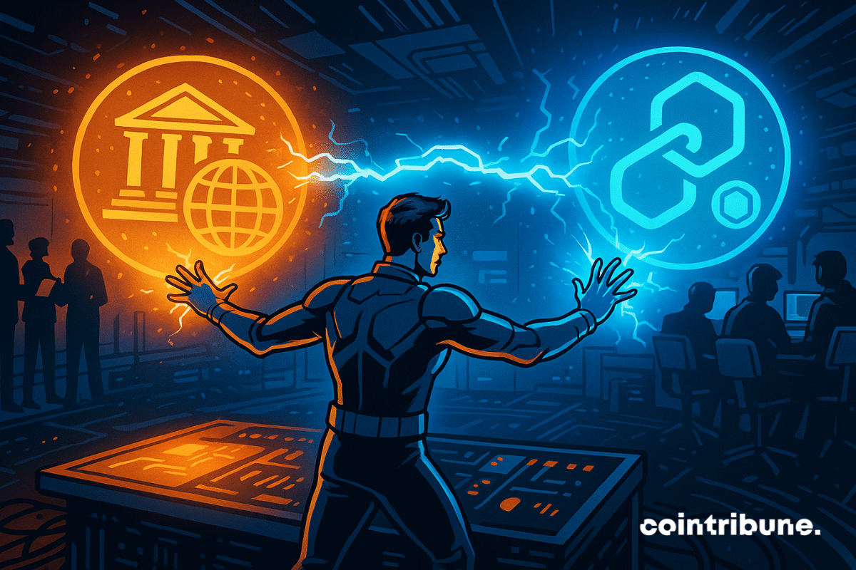 Le technicien Chainlink relie la blockchain et SWIFT grâce à un pont holographique lumineux.